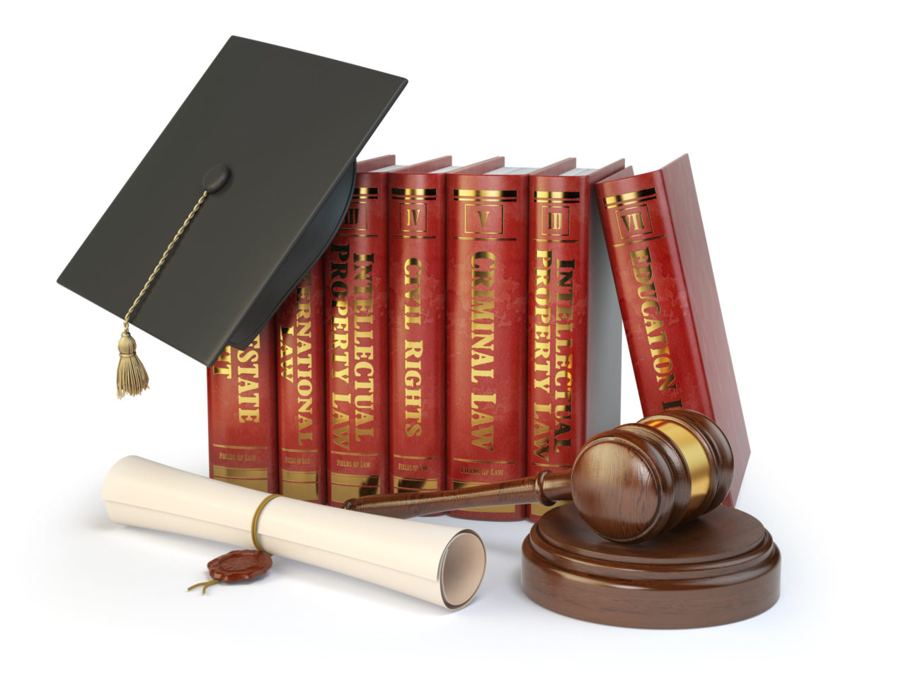 Justice, learning different fields of law concept. Books, graduation hat,  judge gavel and diploma isolated on white. 3d illustration